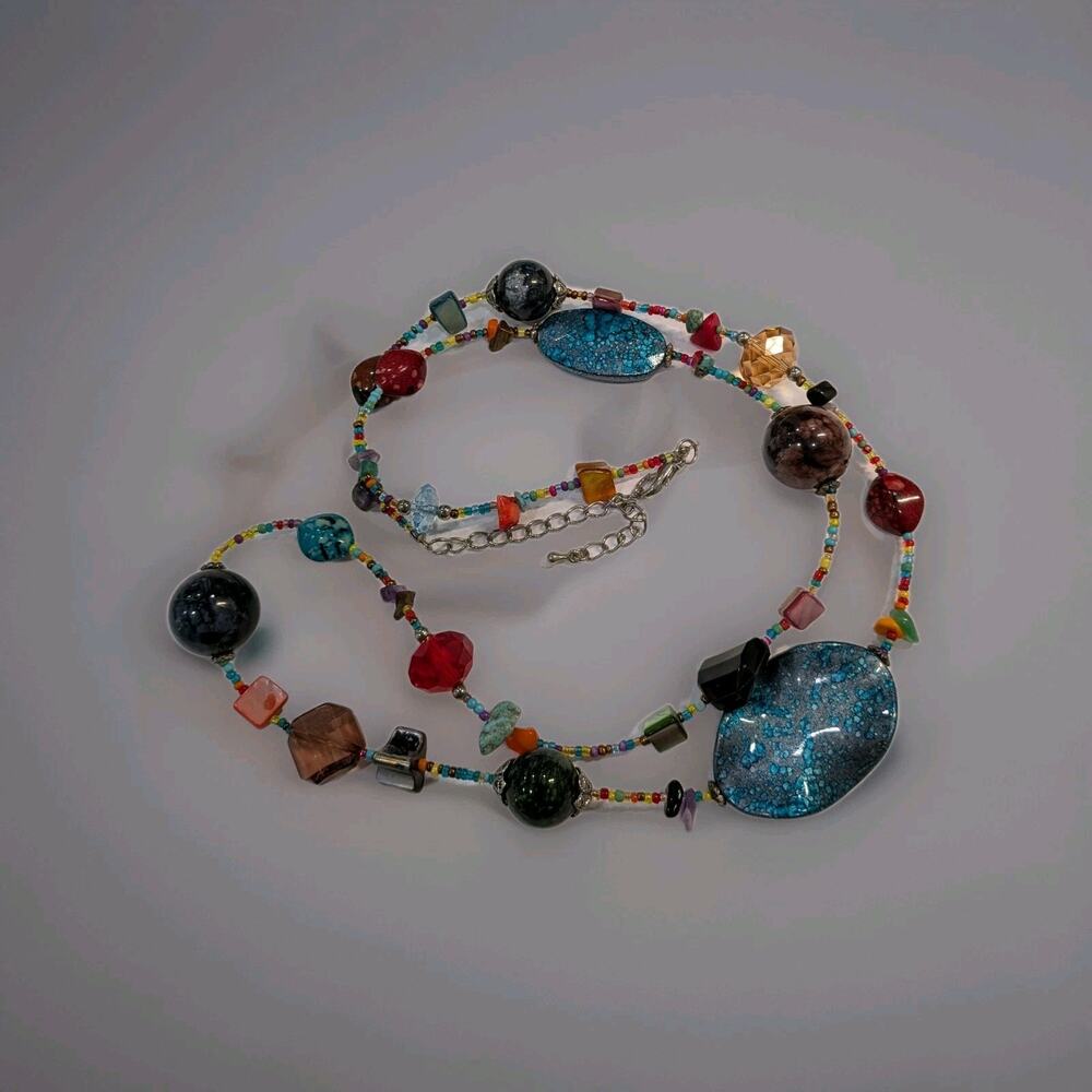 Vibrant Boho Single Strand Statement Necklace Chunky Mixed Stone Glass Seed Bead